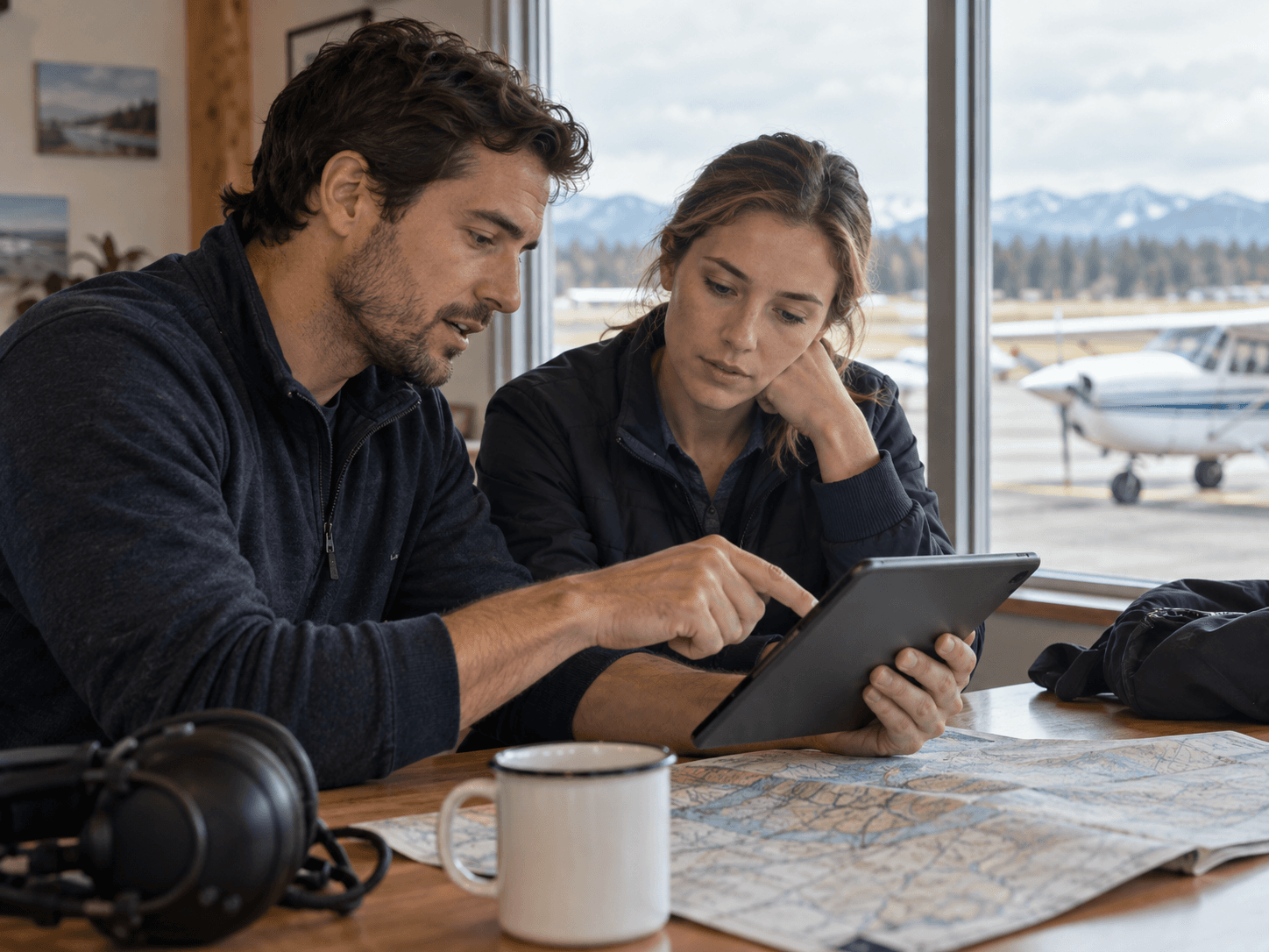 Two pilots reviewing information together