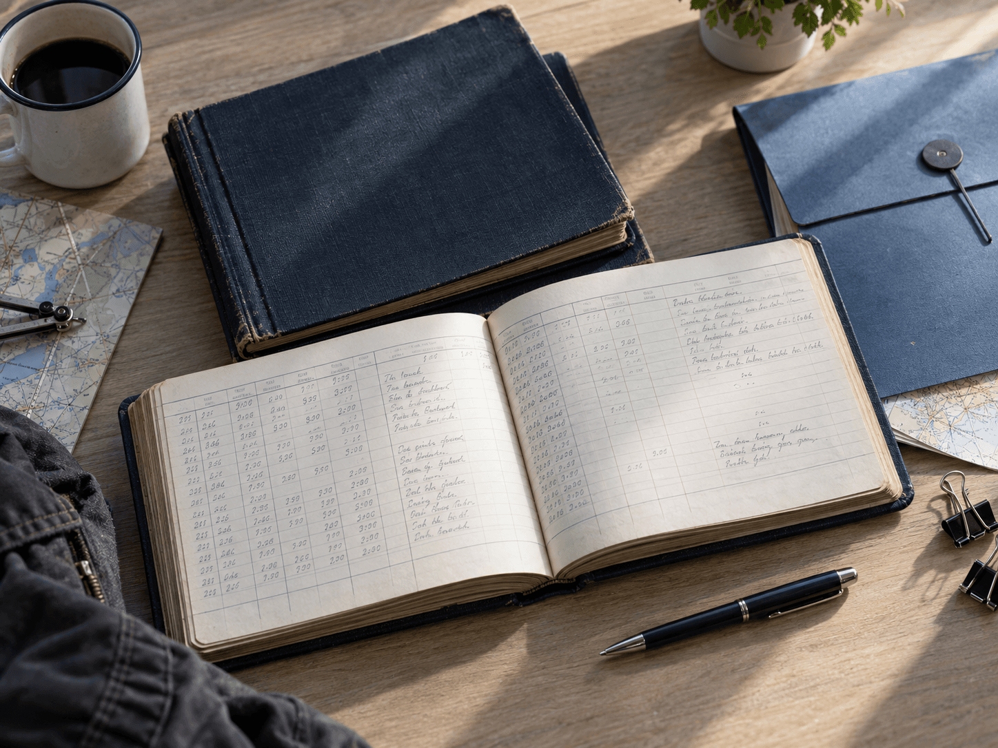 Aircraft logbooks carefully arranged on a table