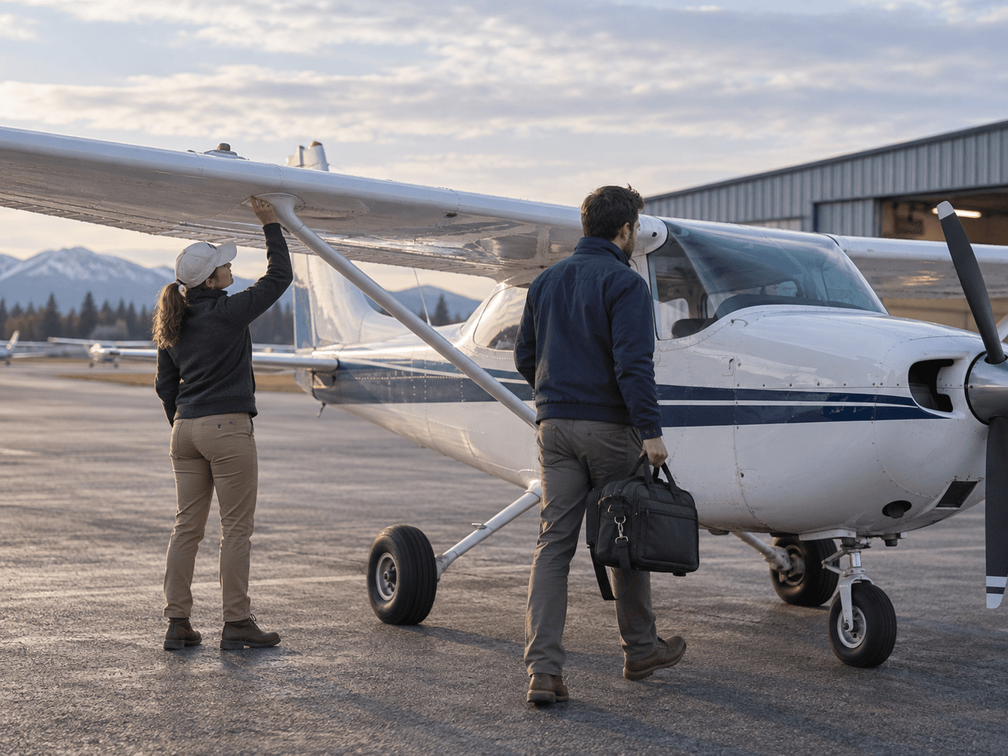 Pilots preparing a light aircraft for flight