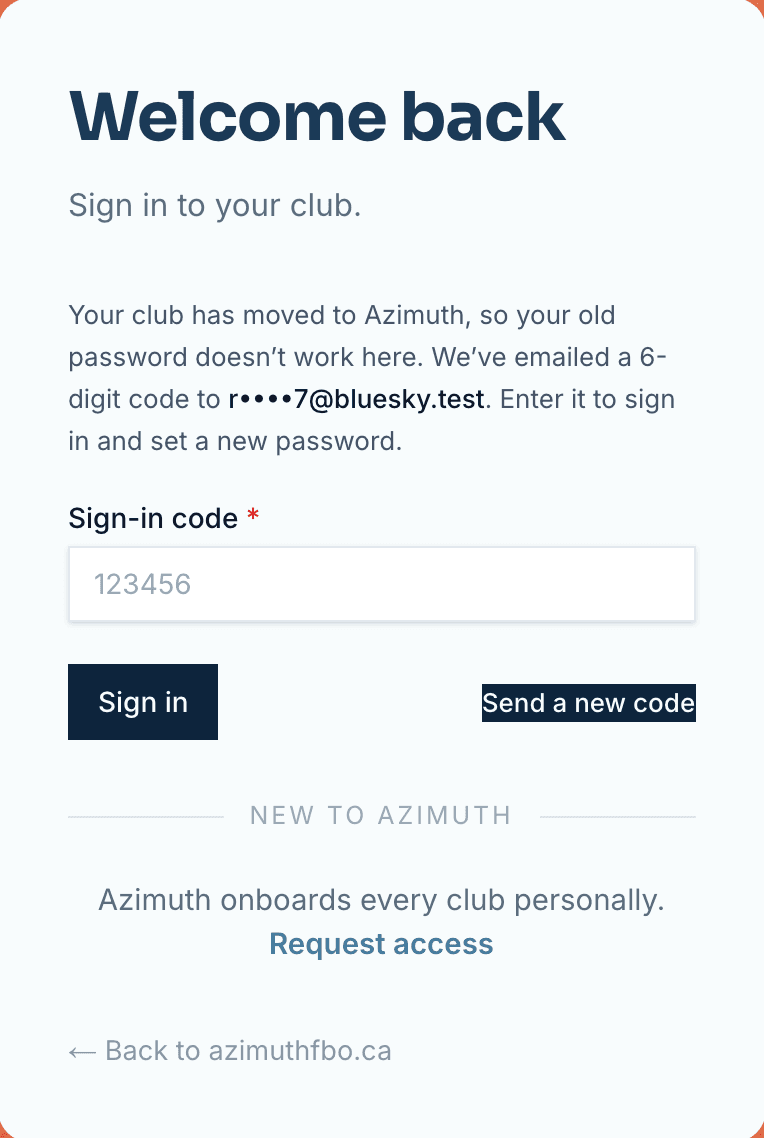 The migrated-member sign-in screen explaining the emailed six-digit code and how to set a new password