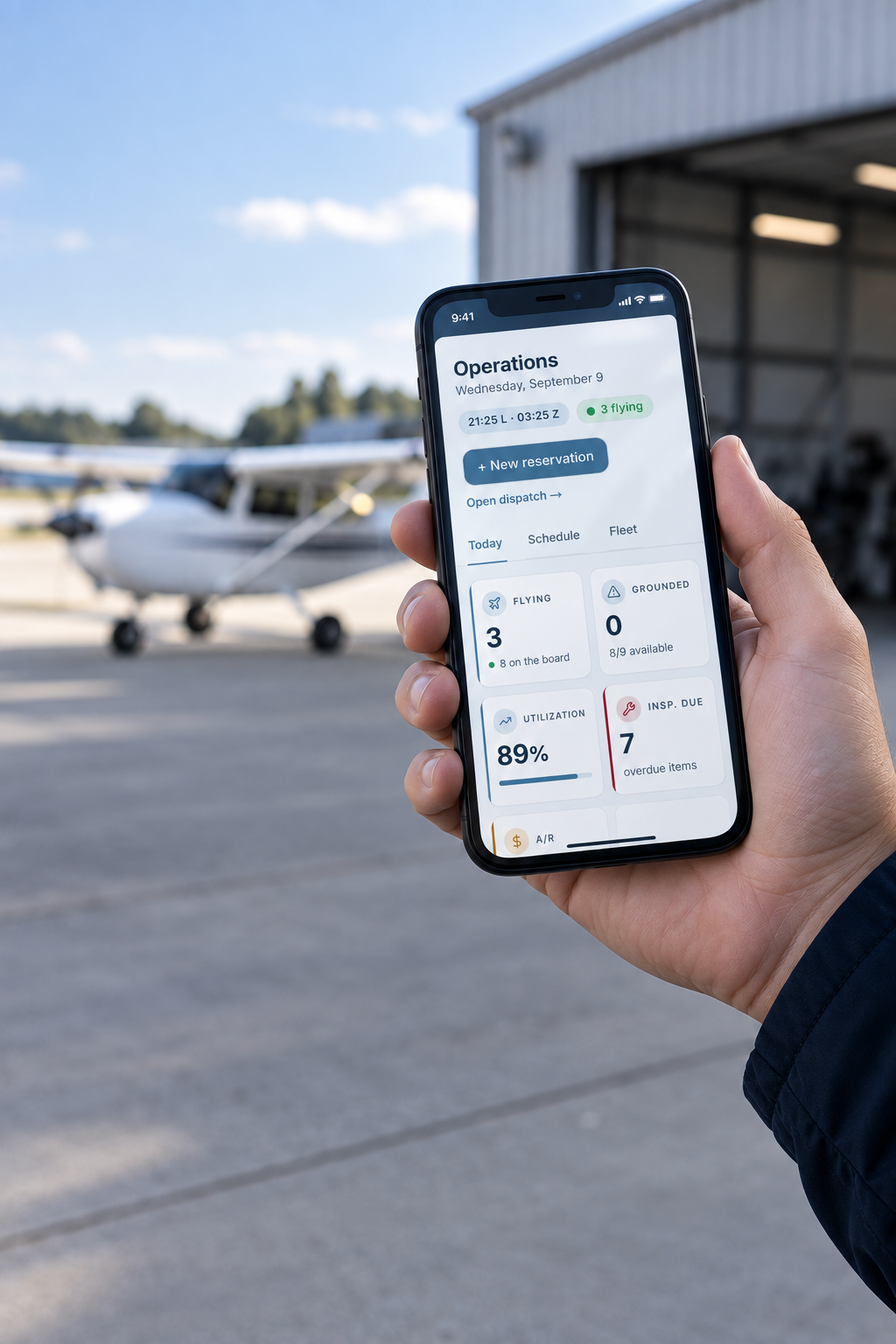 Azimuth's operations dashboard on a phone beside a light aircraft