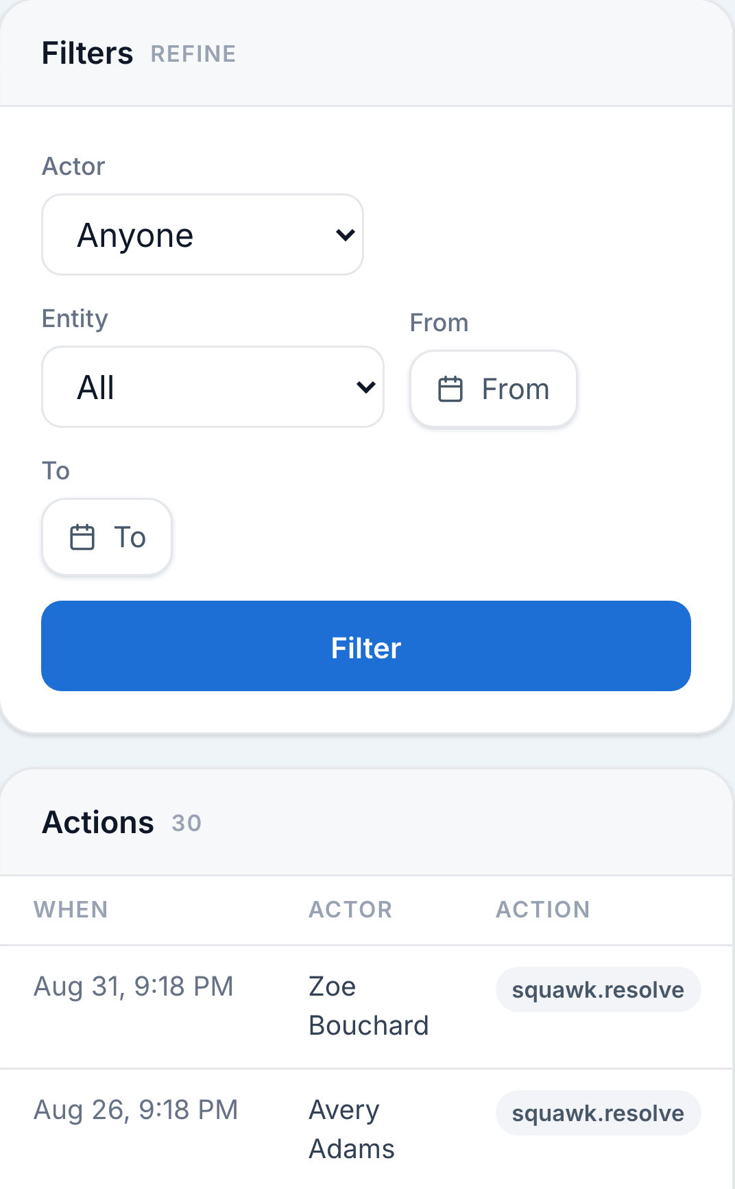 Activity filters above audit entries showing who acted, what changed and the reason for an override.