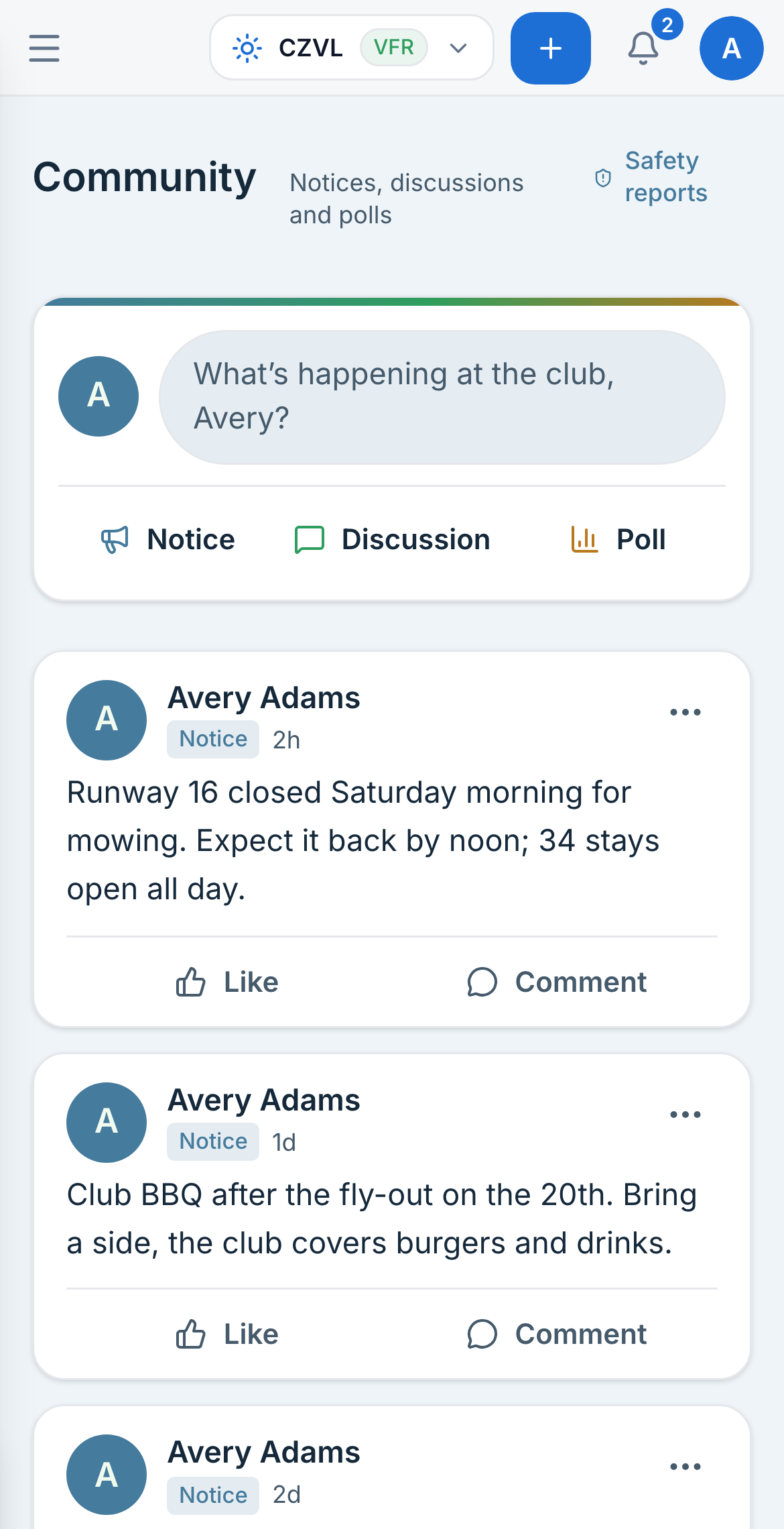 The club feed on a phone, with notices from the club.