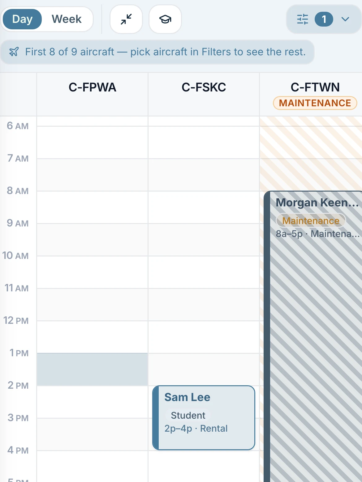 The schedule board with aircraft lanes and the day's bookings