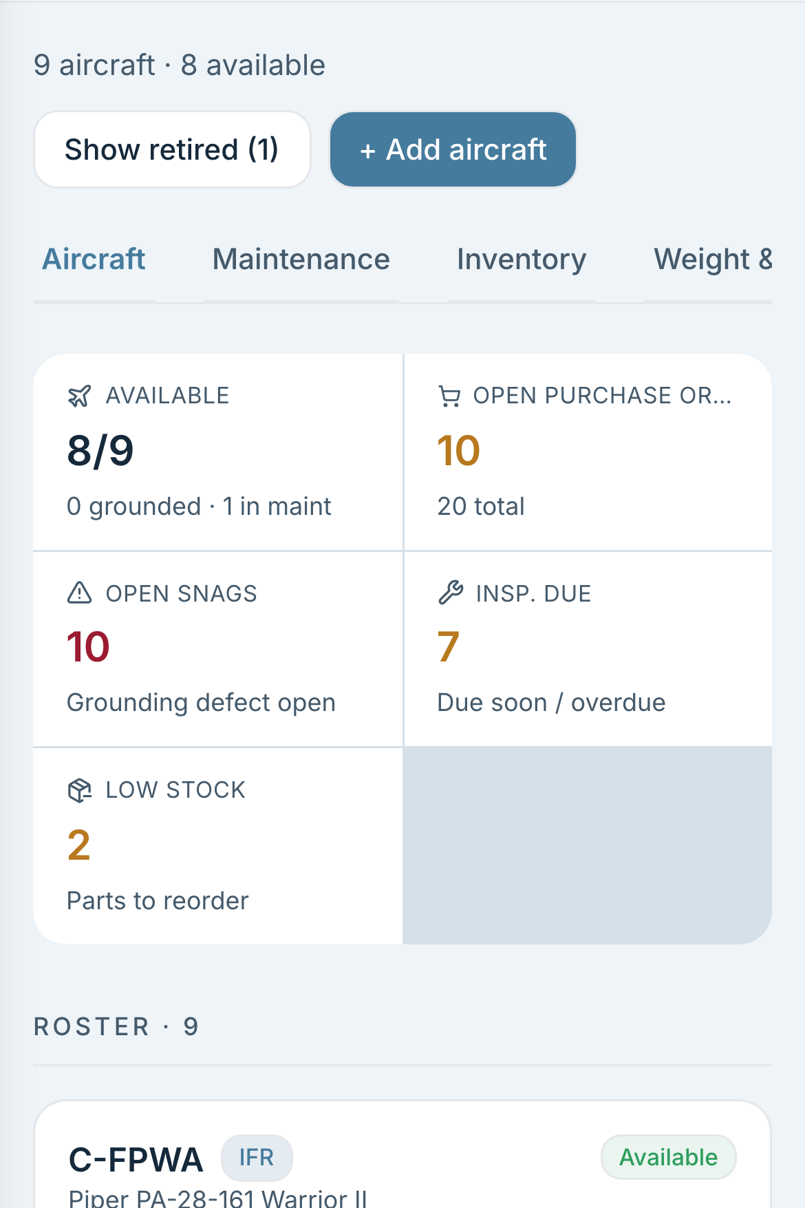 Two aircraft cards, each with its meters, its calendar countdown and its hour countdown.