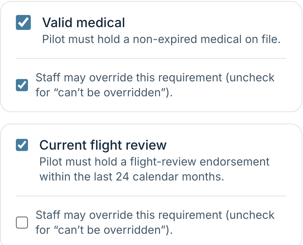 Booking settings with separate switches for each check and for staff overrides.