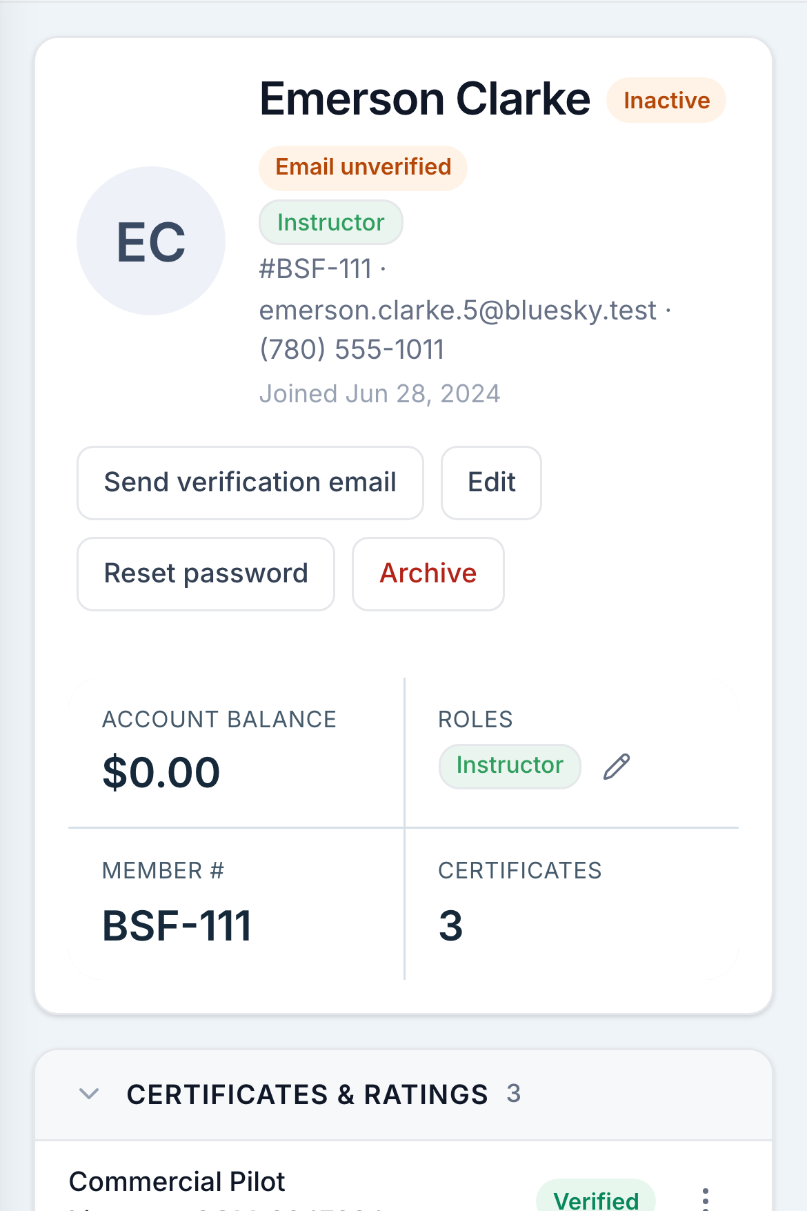 A member file, with the certificates panel beside the medical and night currency panel.