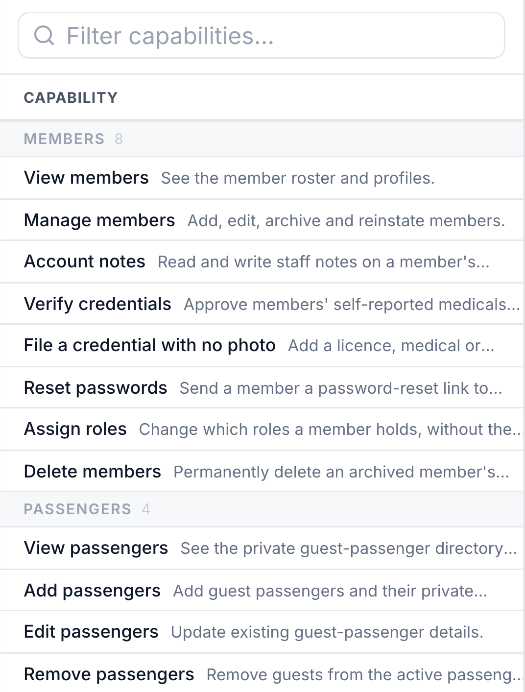 The permissions grid, with capabilities on each row and a column for each club role.