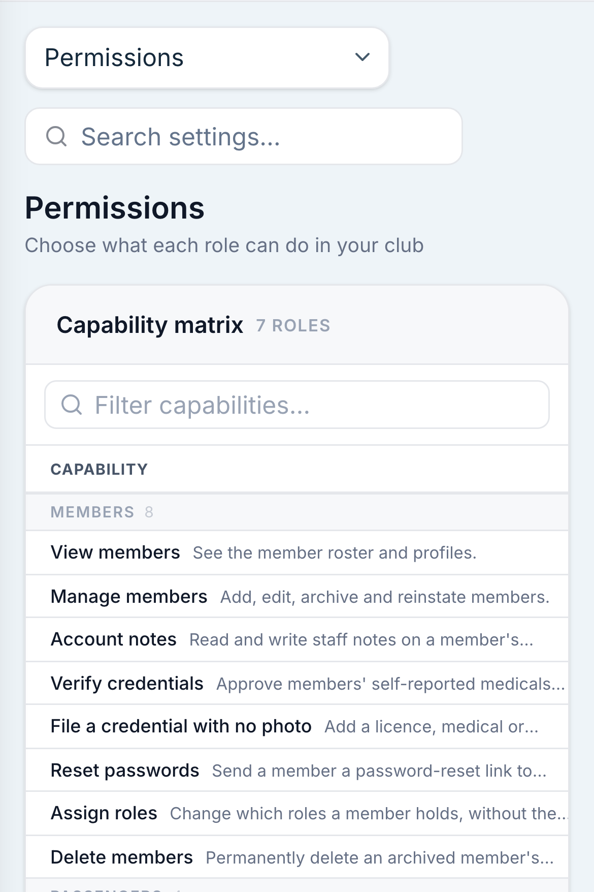 The capability grid, one capability per row and one column per role.