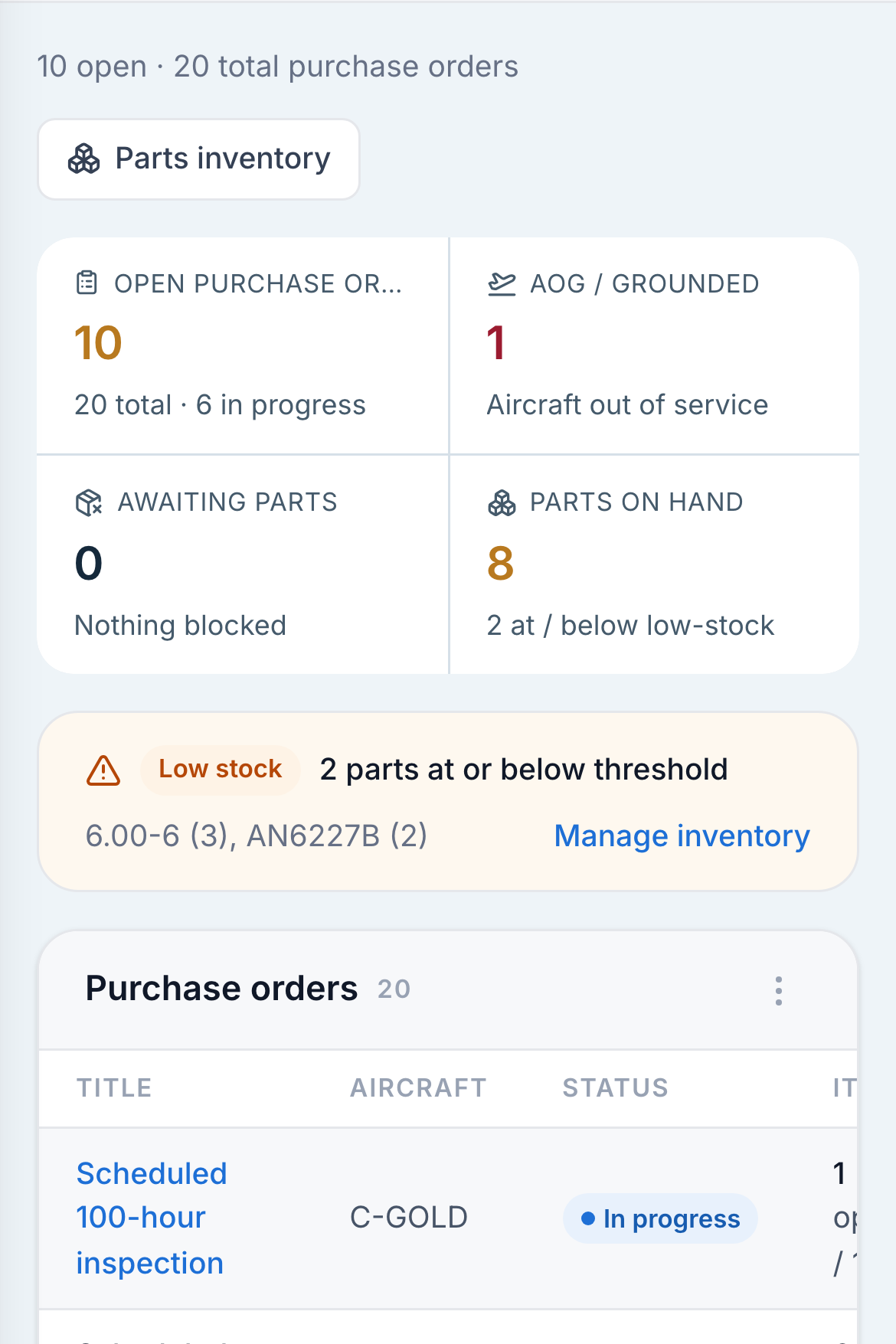 The shop's purchase orders, each row carrying a status chip and the items open.