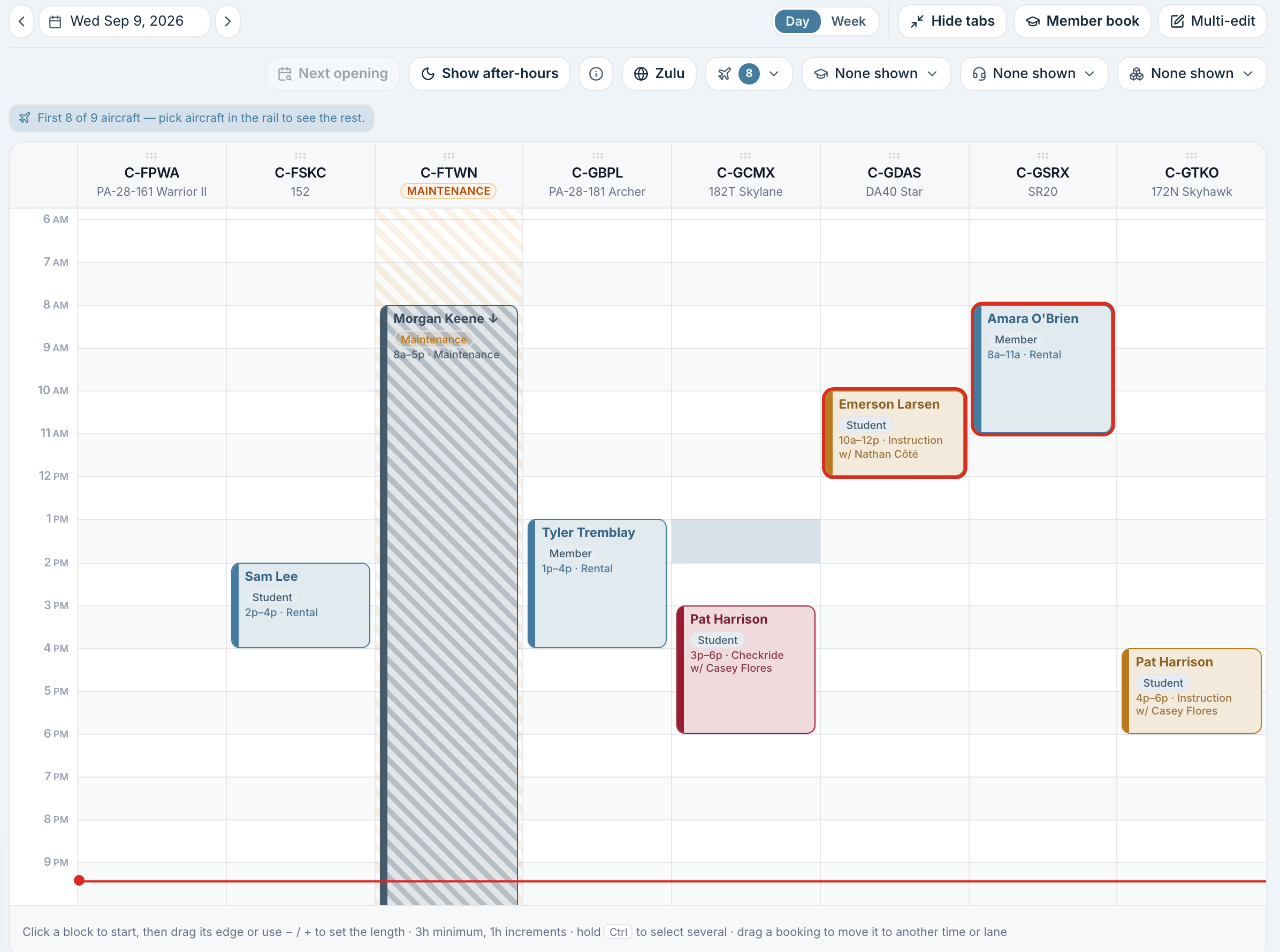 The day board, with one lane per aircraft and bookings drawn against the hours.
