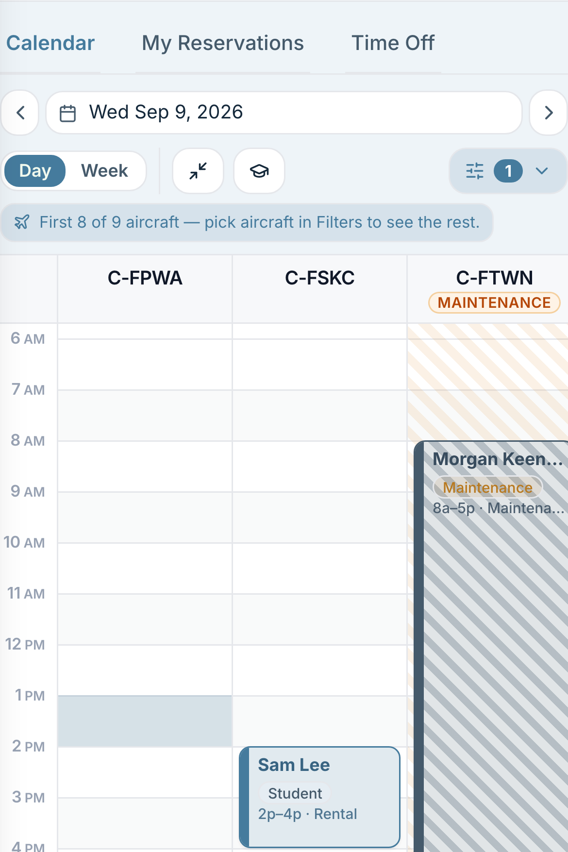 The day board, with one lane per aircraft and bookings drawn against the hours.