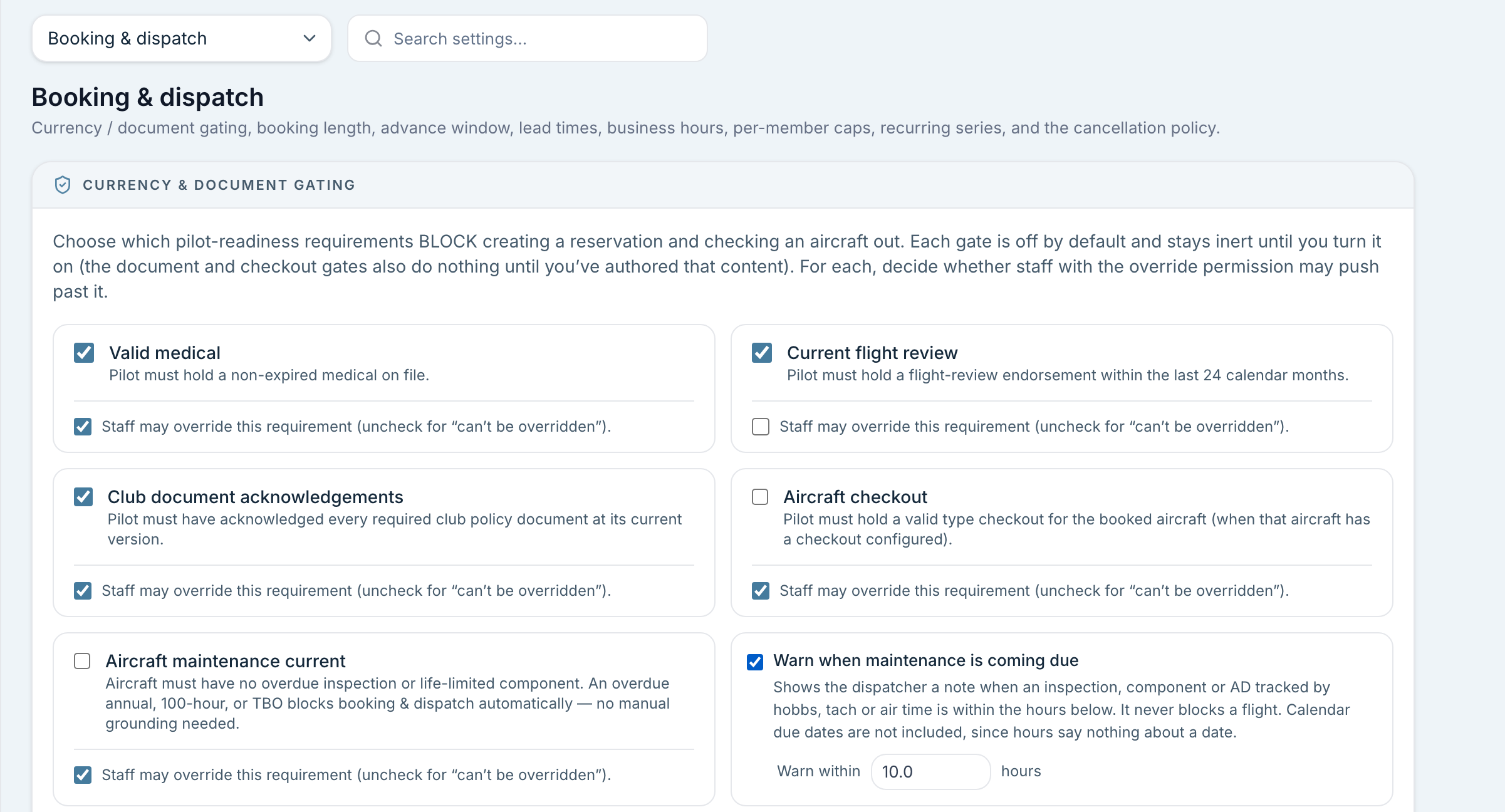 Booking settings with separate switches for each check and for staff overrides.
