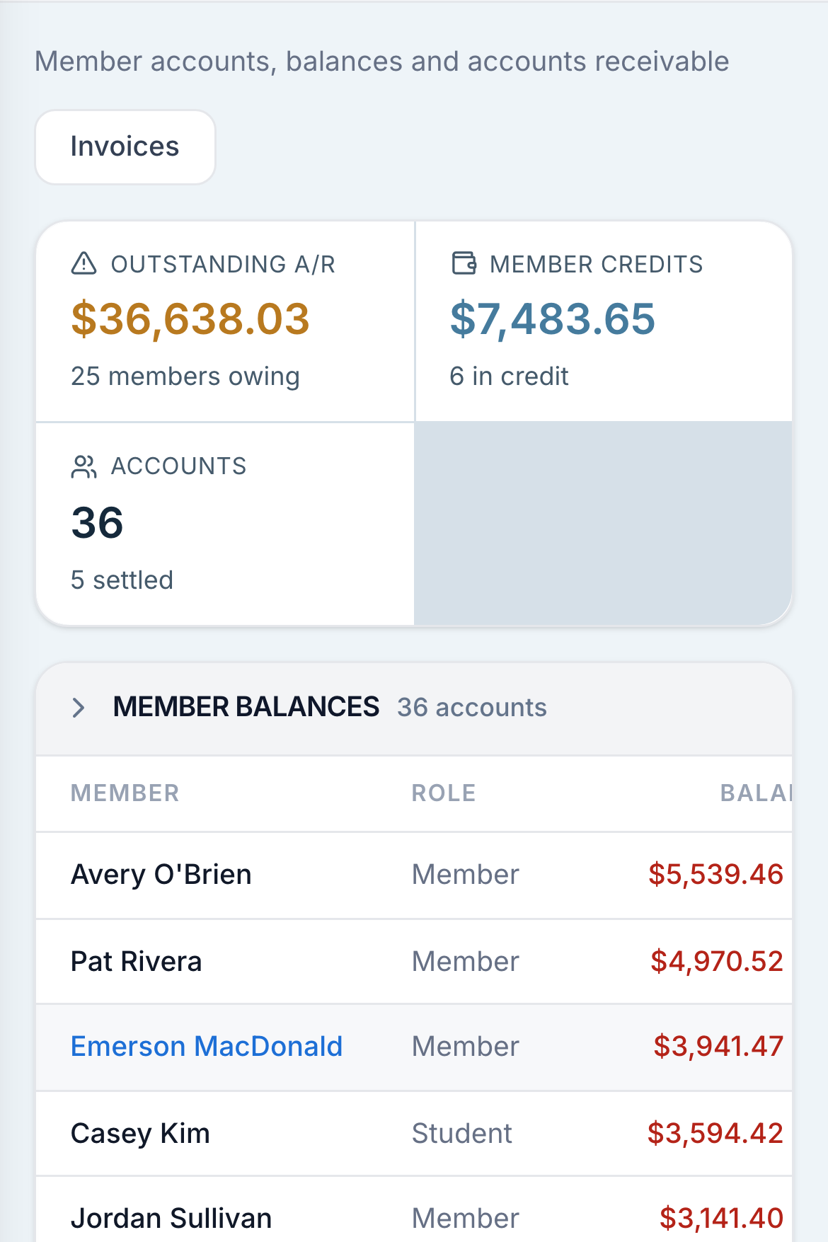 Member accounts, with each member's balance and the club's outstanding total above them.
