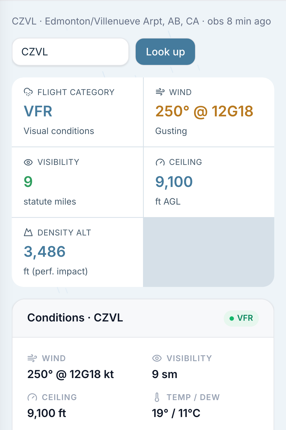 The field card, with wind, visibility, ceiling, density altitude and the raw reports.
