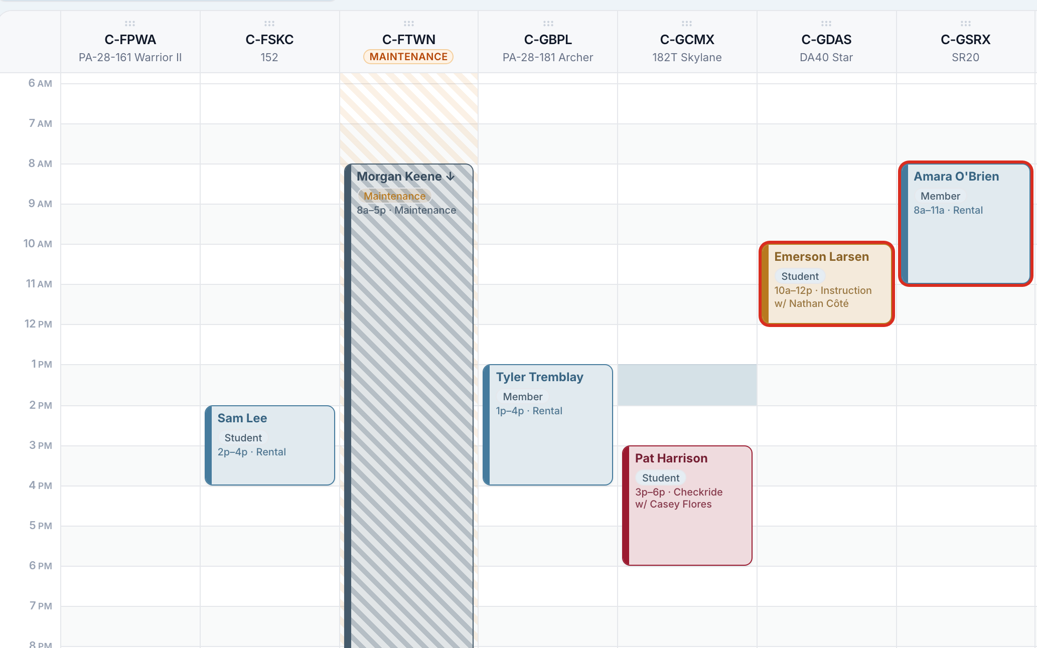 The week board with bookings drawn across the aircraft lanes.